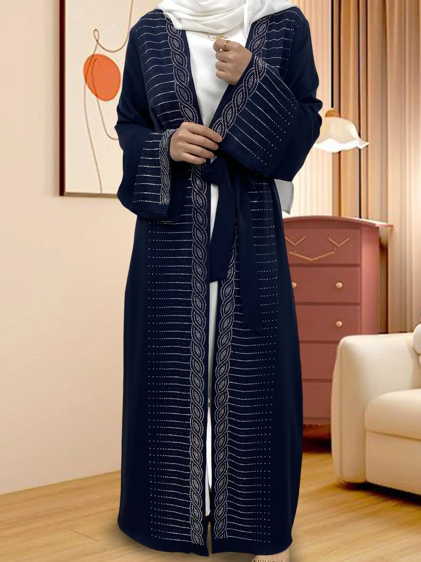 Women's Embroidered Modesty Abaya without Hijab, Embroidery Abaya, Modest Casual Long Sleeve Open Front Lounge Dress for Daily Wear, Ladies Sleepwear for All Seasons