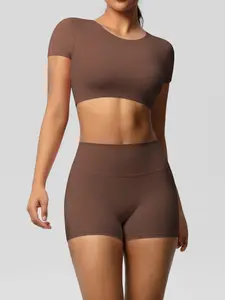 Women's Solid Crop Top & Skinny Shorts Sportswear Set, Sportswear Running Fitness, Casual Comfy Breathable Two-piece Outfits for Yoga Gym Workout Running, Ladies Sportswear for All Seasons