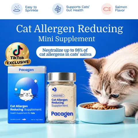 Cat Allergen Reducing Mini Supplement, Salmon Flavor – Neutralizes Up to 98% of Cat Allergens, WhiskerBlock, Prebiotic Fibers & Postbiotics, Easy Sprinkle-on Food, 28-Day Supply