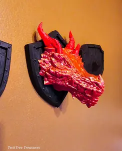 Fire Dragon Head Trophy Wall Mount- Exquisite 3D Printed Fantasy Decor Hanging Plastic Room Ornaments Hangable Decoration