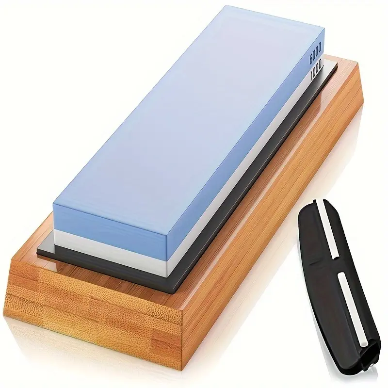Premium Grinding Stone Set, 1000/6000 Grit Side Grinder, Non-Slip Bamboo Base & Corner Guide Rail, Durable Kitchen Knives Sharpening Tool, Kitchenware