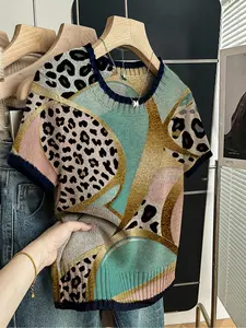 Women's Leopard Print Round Neck Knitted Sweater, Casual Short Sleeve Fitted Knitwear Top for Spring Summer Fall, Comfortable Warm Daily Wear Round Neck Jumper Womenswear