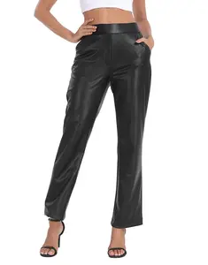 HDE Women's Pull On Faux Leather Kick Flare Pants High Waisted Pant with Pockets