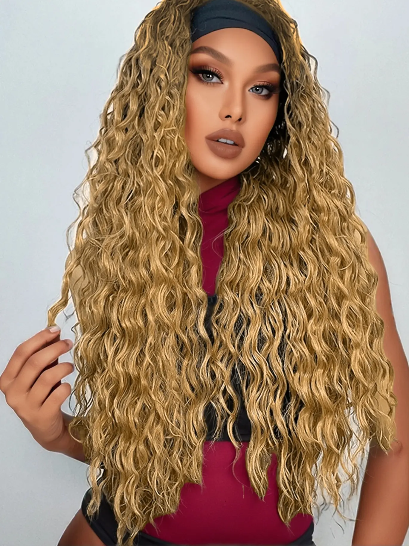 Water Wave Long Wavy Brown Wig Headband Wigs for Women Natural Looking Glueless Synthetic No Lace Front Wig with Headbands Curly Headband Wig Glueless Hair Wigs