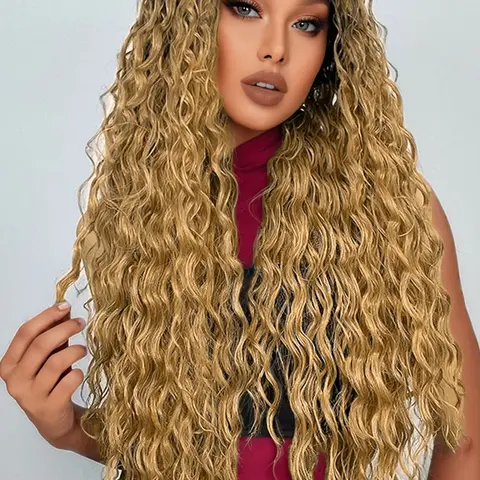 Water Wave Long Wavy Brown Wig Headband Wigs for Women Natural Looking Fashionable Glueless Wig Synthetic No Lace Front Wig with Headbands Curly Headband Wig