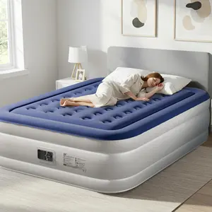 18 Inch Queen Size Air Mattress With Built-In Pump, Elevated Comfort Air Mattress, Quick Inflate/Deflate Air Mattress For Family Guests Camping, Blue&White