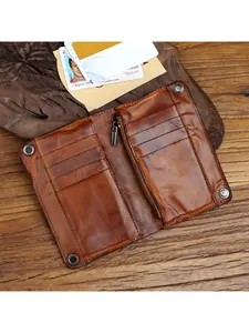 100% Genuine Leather Durable Wallet For Men Vintage Wrinkled Short Bifold Man Purse Credit Card Holder With Zipper Coin Pocket Money Bag Stylish Wallet Vintage Style Wallet Leather Wallets