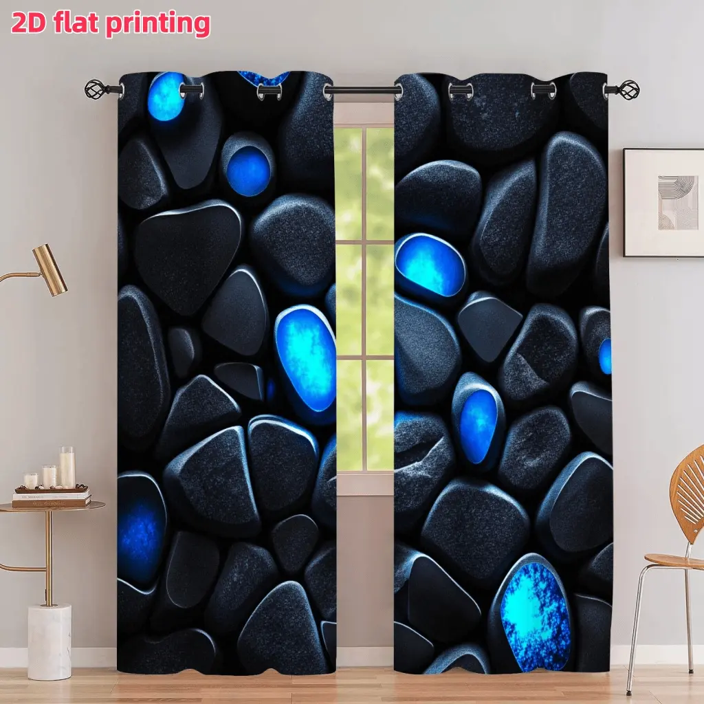 2D Flat 2Pcs Luminous Blue Stones Printed Curtain Panel, Glowing Cobblestone Pattern, With Loop, Perforated Design, Semi Sunshade, Suitable For Home Living Room, Bedroom, Balcony, Kitchen, Study And Shower Window Decoration, Accessory, A