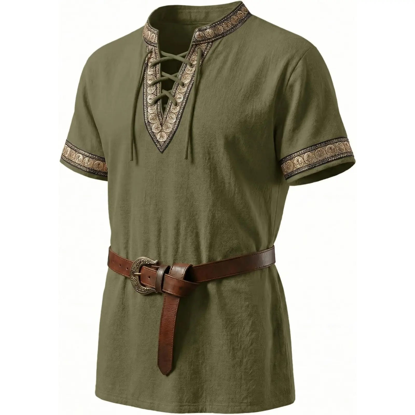 Runcati Men's 100% Cotton Medieval Pirate Shirt - Lace-Up Menswear Casual Plain Clothes, Renaissance Viking Scottish Halloween Costume Tops