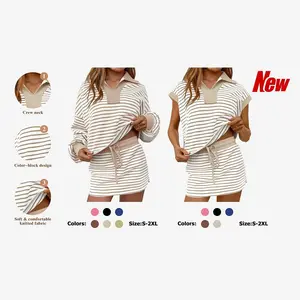 Striped 2 Piece Outfits Casual Sweatshirt Skirt Set Long Sleeve Skort Workout Set Matching Lounge Sets Women's Two Piece Outfits Matching Sets Women 2 Piece Set