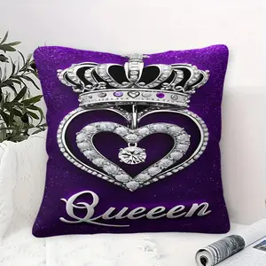 Deep Purple Luxury Queen-Stylethrow Pillow with Inner Cushion, 45cm Square Pillow, Zipper Closure, Rhinestone Crown and Heart Pattern with "Queen" Print Patternsoft Comfortable Decor for Bedroom & Sofa, Exquisite Soft Furnishings, Rhinestone Accents