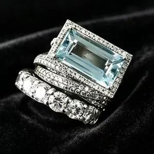 Three-piece ring set—fresh and stylish, luxurious yet creative, featuring a large rectangular women’s ring. Emerald Cut Ring
