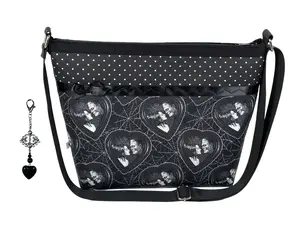 La Luna Blu Handbags Bride of FRANKENSTEIN & POLKA DOTS Shoulder Bag & Obsidian Heart Charm - Classic Horror Movie Universal Monsters Spooky - Cotton w/ Adjustable Strap