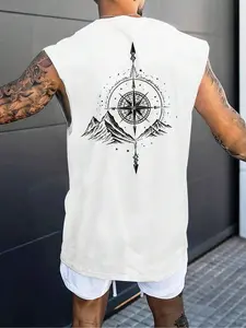 Men's Regular Fit Letter & Compass Graphic Print Tank Top, Casual Letters Print, Casual Sleeveless Round Neck Vest for Summer, Fashion Men's Top for Outdoor Hiking, Menswear