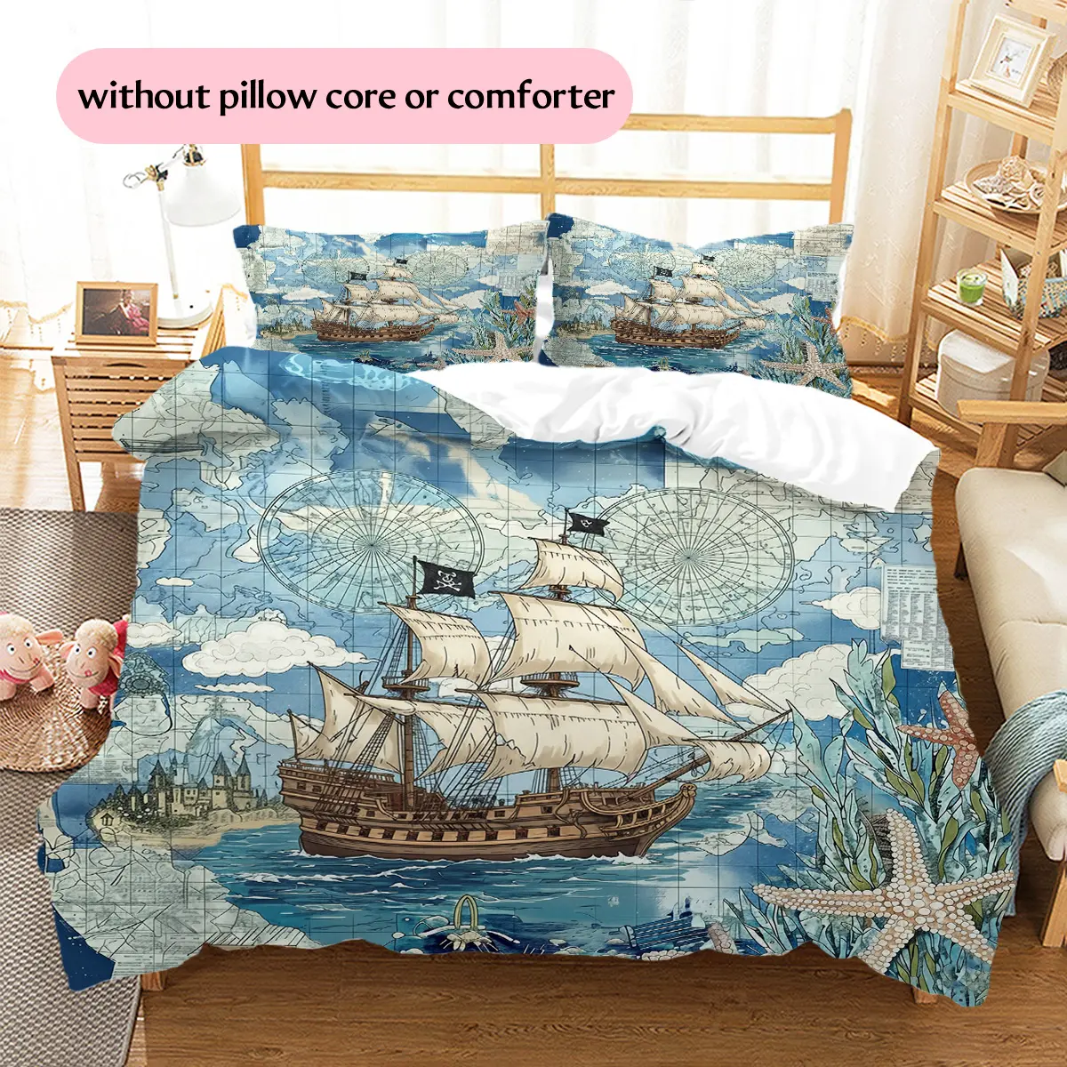 Pirate Ship in Blue Collage Style  Printed bedding set, duvet cover and pillowcases, home decor, Christmas decoration, bedroom duvet cover, Christmas gift, birthday gift (1 * duvet cover + 2