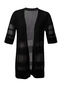 Women's Black Lightweight Long Cardigan Sweater, Open Front V Neck Sheer Knit Duster, Hollow Out Short Sleeve Summer Layer