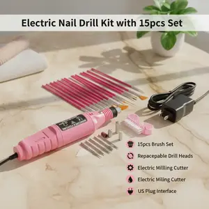 Electric Nail Drill Kit with 15pcs Set US Plug Interface 6pcs Drill Heads 15pcs Art Brush Replaceable Metal Tip Machine for Gel Polish Tool Black