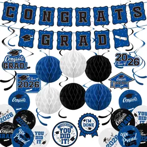 Graduation Party Supplies Kit - Grad Decor Set with Congrats Grad Banner, Class of 2026 Hanging Swirls, Graduation Balloons & Honeycomb Balls - Ideal for High School & College Celebrations(Blue)