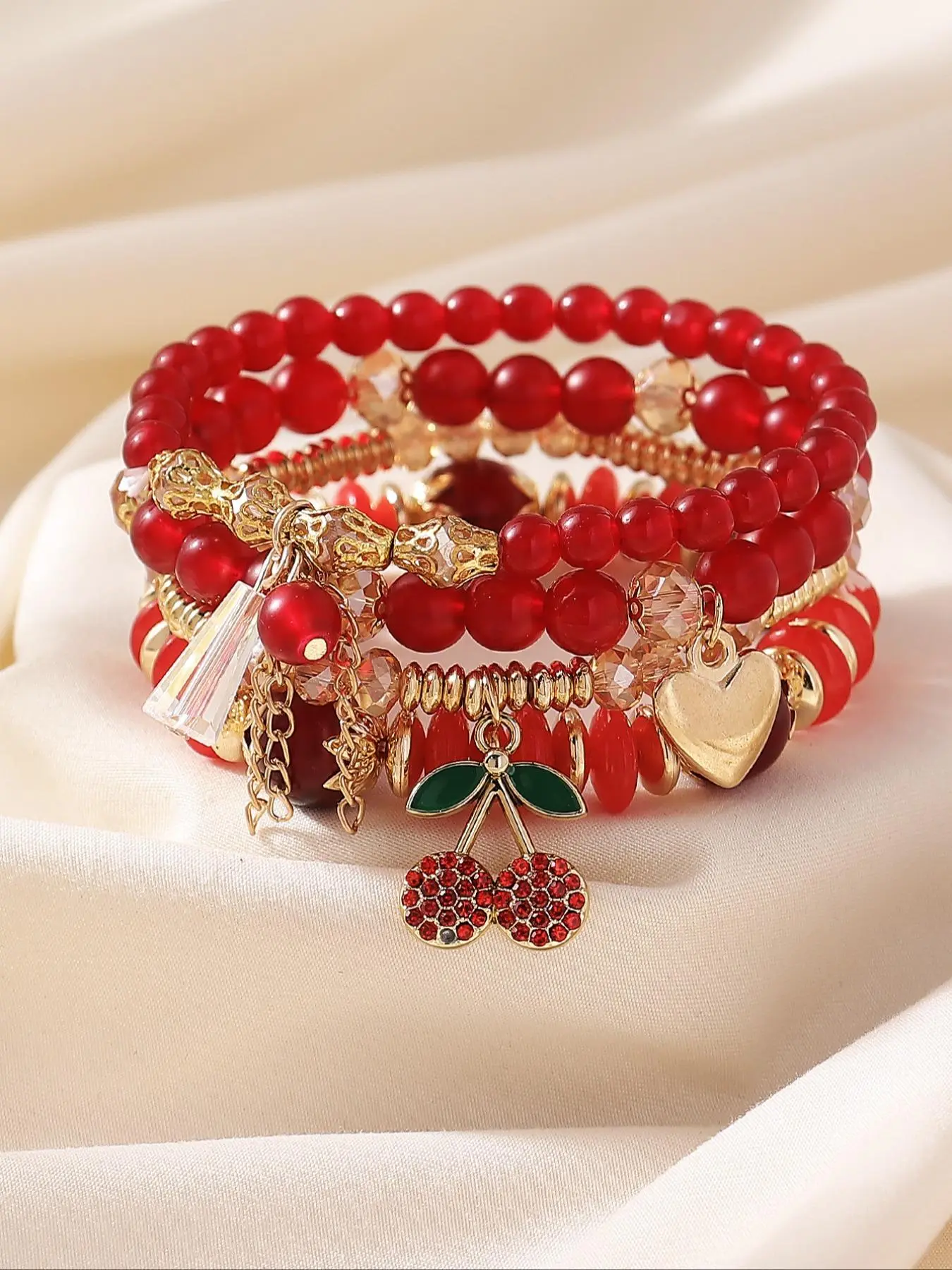 Cute Cherry & Leaf Design Beaded Heart Charm Bracelet, Boho Style Jewelry for Women & Girls, Trendy All-match & Exquisite Jewelry for Birthday Gift, Xoxo Style Bracelet, Beaded Bracelets