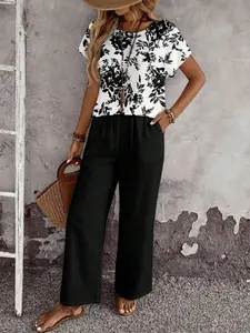 2pcs/Set Women Casual Floral Print Round Neck Top And Loose Pants, Versatile Outfit Suitable For Spring And Autumn,Casual Women Vacation Outfit Sets Summer Pants Sets For Women 2 Piece Casual Sets Woman