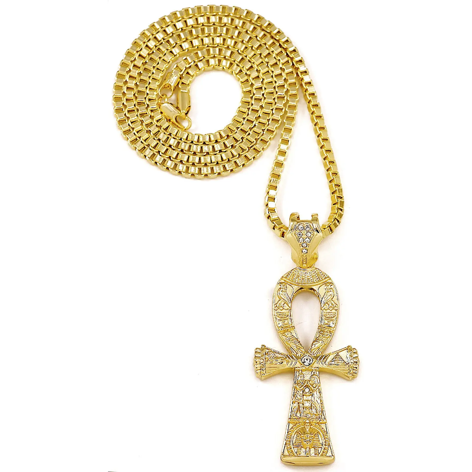 MaxBling81 Unisex 100% Brand New Fashion Hip Hop Jewelry Iced King Tut Gold-Plated Polished Metal Ankh Cross Pendant & 3mm 30" Box Chain Set, 3.60" x 1.50" Life Symbol Necklace, 30" Chain, Appx. 3.60"