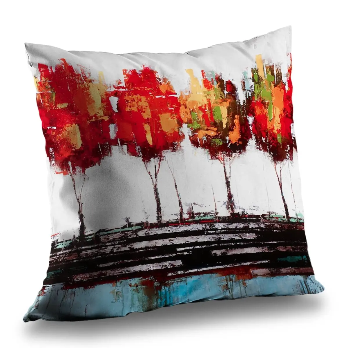 Begin Home Decor C1PT1414AQI8 14x14 in. Poly Twill Bright Orange Graphic Abstract Industrial Trees Throw Pillow - Modern Home Decor Bedding & Linens Soft Furnishing Accent for Easy Rearrangement, Artistic