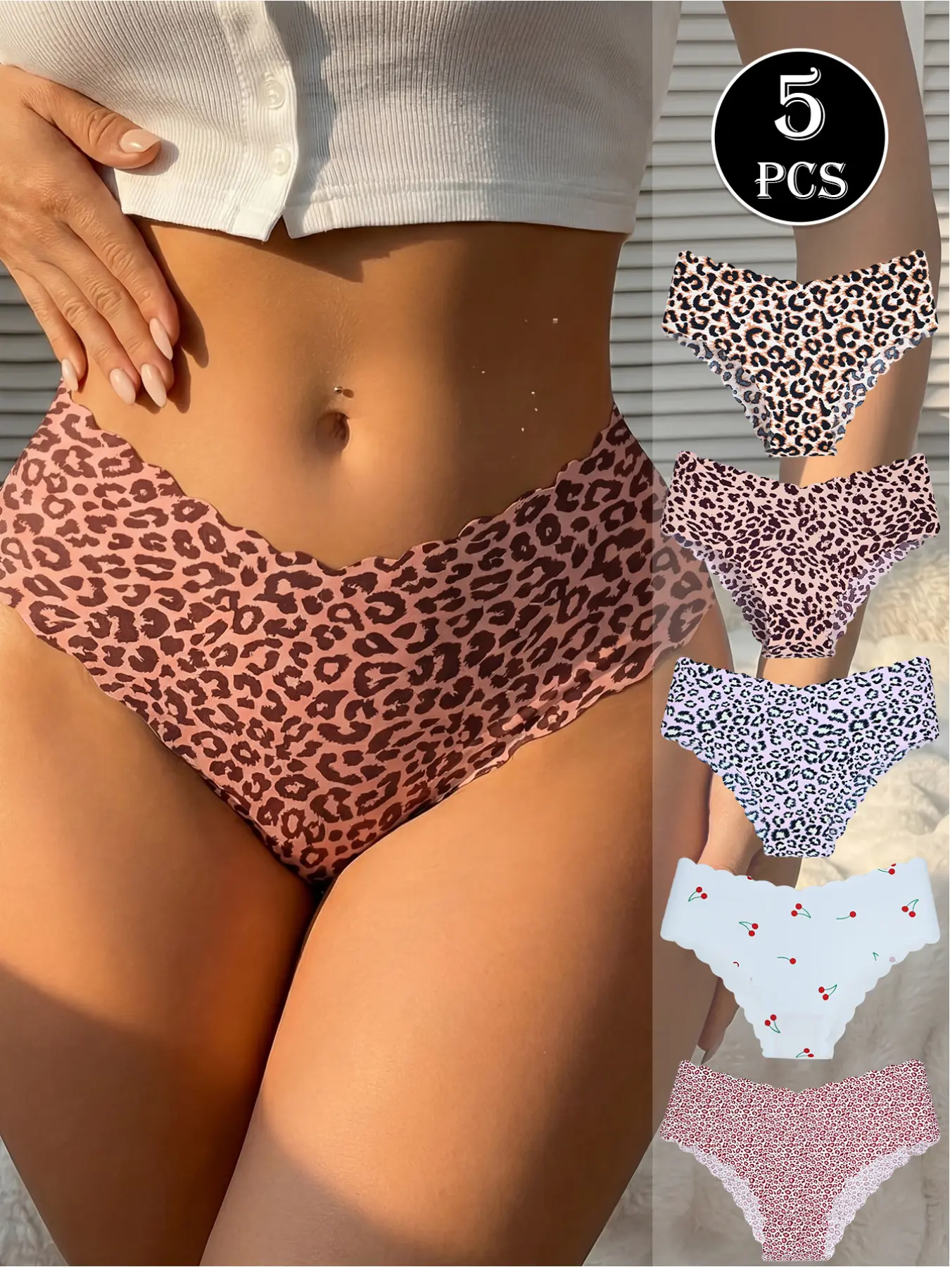 5 Pack Leopard Seamless Women Underwear Breathable Quick Dry Nylon Blend High Waist Panties Wave Lace Trim Yoga Fitness Dance Sports Comfort Elastic High Waist Briefs