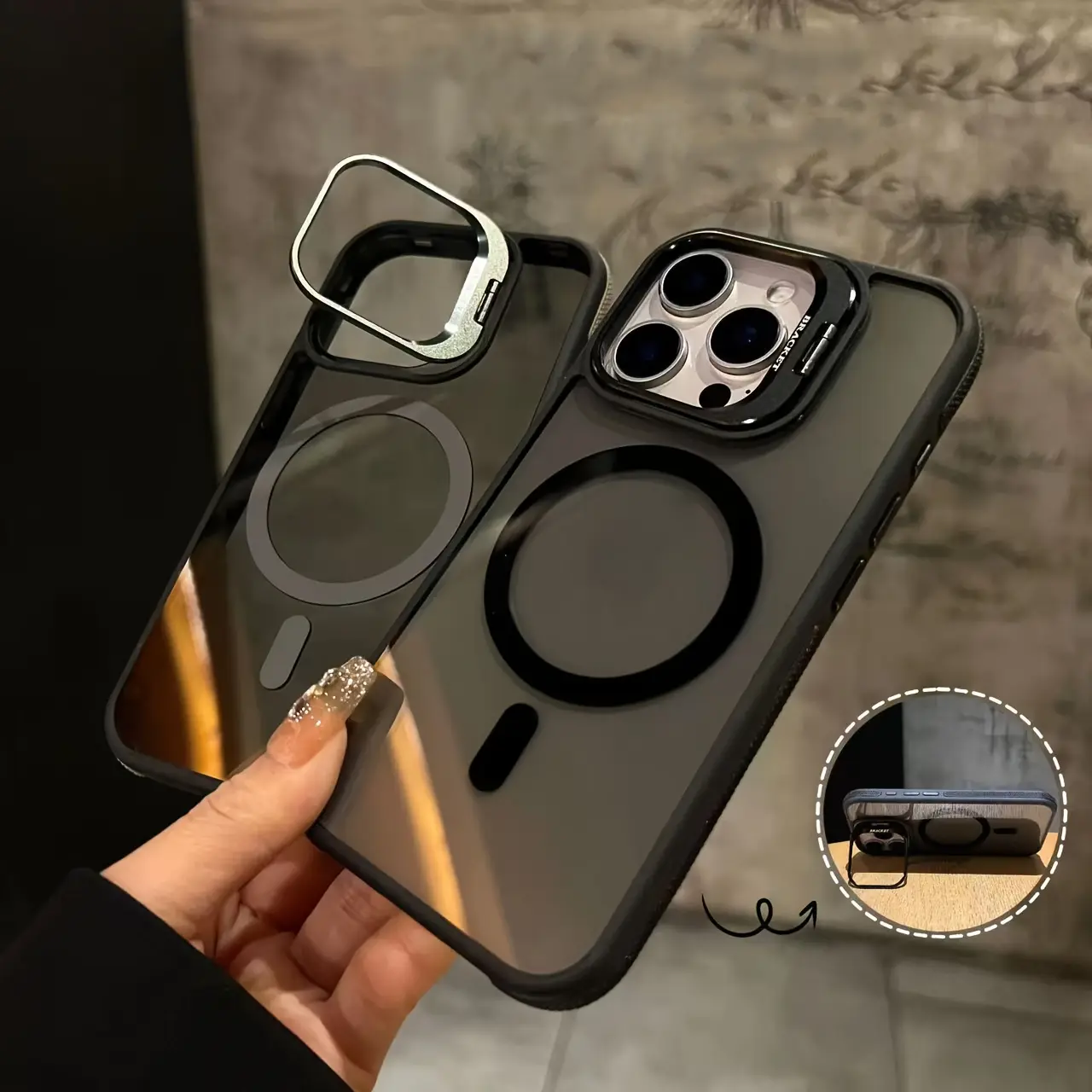 Phone case: The high-end fashion dual-color magnetic iPhone16 ProMax metal magnetic transparent case is compatible with 16, 15, 14, 13, 12, 11 Plus Pro Max, and 16e; the lens frame can be opened to serve as a stand, and it supports wireless charging
