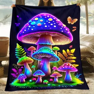 A vibrant purple mushroom print blanket, soft and warm flannel Throw Blanket suitable for sofa, bed, travel, camping, living room, office, couch, chair, and bed - digital print, year-round use, machine washable