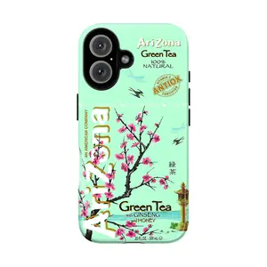 ARIZONA DRINK Green Tea with Ginseng & Honey Phone Case for iPhone 17 16 15 14 13 12 11 Pro Max, Iconic Cherry Blossom Case, Retro 90s Aesthetic Cover, Vaporwave AriZona Green Tea Nostalgic Y2K Vibe Bumper