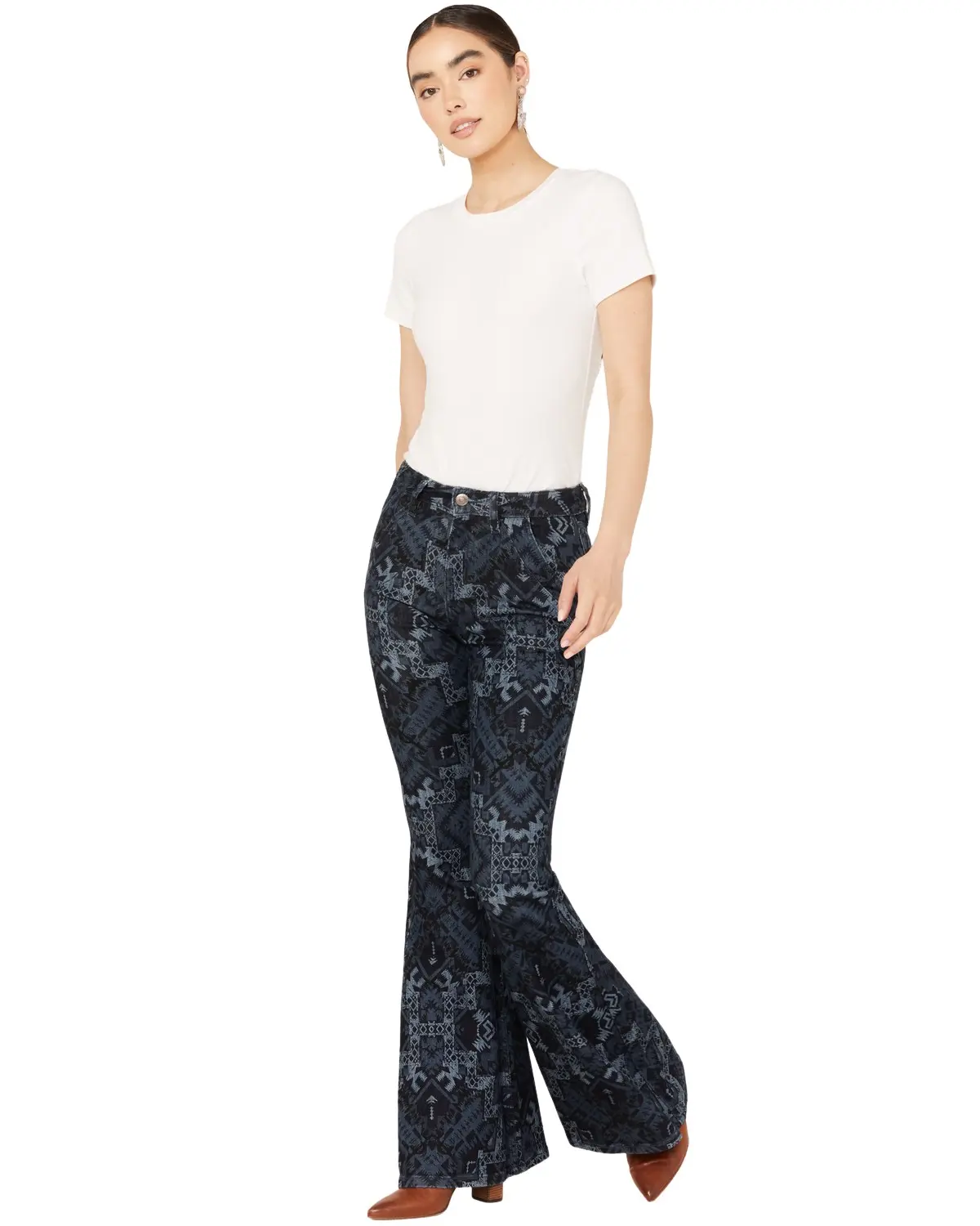 Shyanne Women's Women'S Dark Wash High Rise Printed Stretch Flare Jeans - Swfa23j16