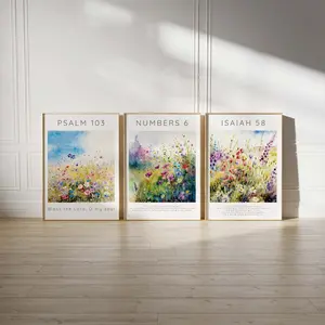 Meadow Bible Verse Print Set Of 3, Floral Christian Wall Art Scripture Prints featuring Isaiah 58:11 Psalm 103:1 Numbers 6:24-26