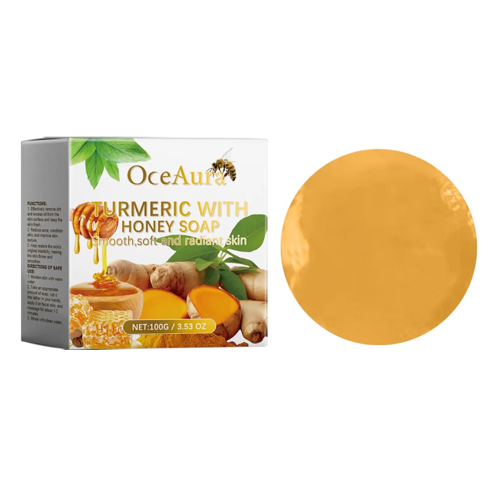 OceAura Turmeric With Honey Body Care Soap - 3.53 oz/100g Cleansing Bar with Turmeric Root Extract, Coconut Oil, Palm Oil to Brighten, Smooth, Moisturize Skin for Even Radiant Complexion, Coconut Oil Body Wash & Cleansers