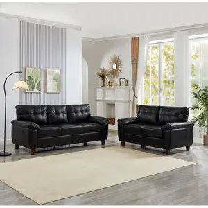Aobtkel®2 Pieces Sofa Modern Design Faux Leather 3 Seater & Loveseat,Living Room Sofa with Storage,Big Armrest Sofa,Upholstered Breathable PU Leather Sofa,Black#Summervibes