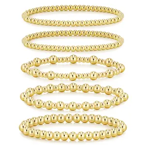 Gold Bracelet for Women Waterproof, 14K Gold Plated Beaded Strand Bead Ball Bracelet stack Adjustable Jewelry Set for Gifts
