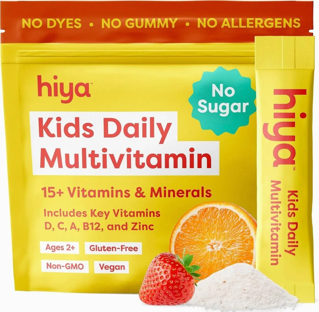 Hiya Kids Multivitamin – 15+ Essential Vitamins & Minerals with Fruits & Veggies for Ages 2+, Supports Growth, Development & Immune, 0g Sugar – 20 Stick Packs for Toddlers & Kids