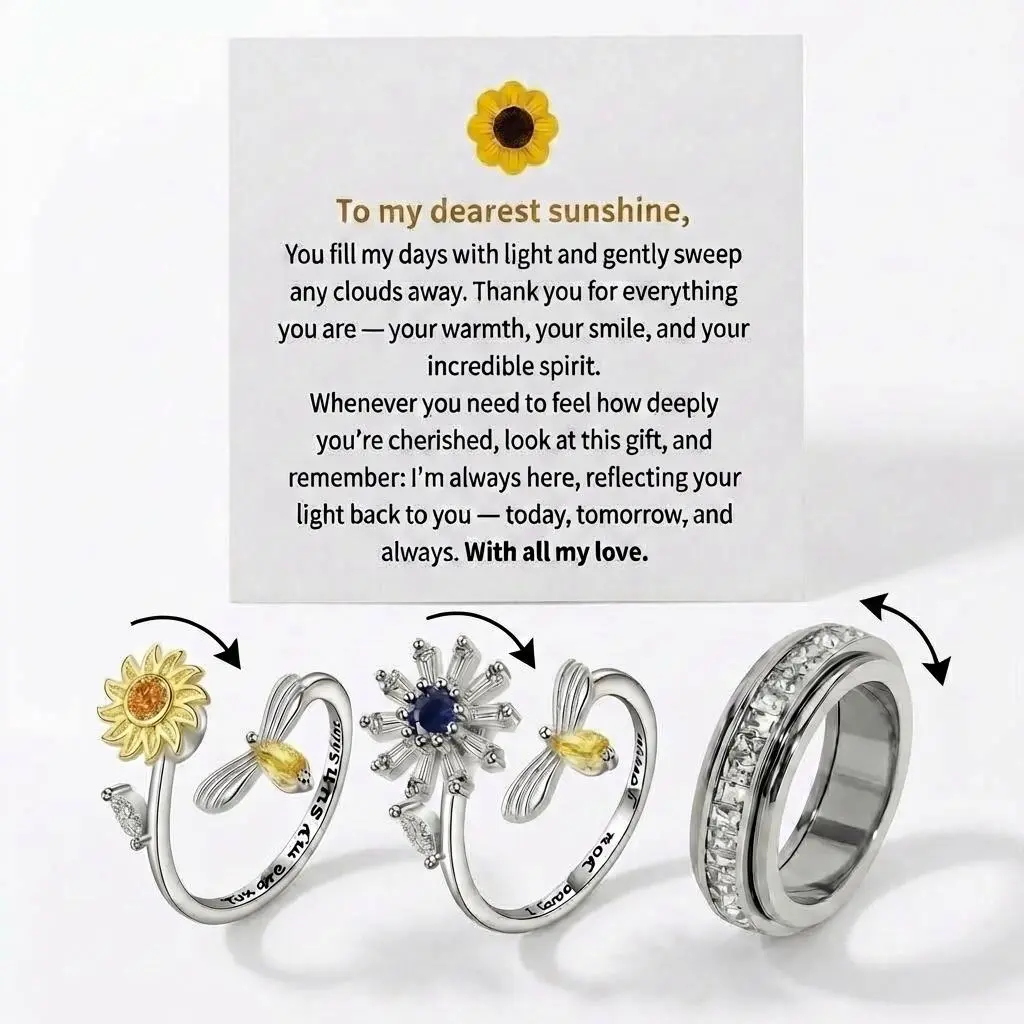 NBR1 3pcs CZ anxiety Rings Daisy&Sunflower Fidget Ring Set for anxiety Women Ladies–Open  Adjustable Anxiety Relief Spinner Rings with “You Are My Sunshine” , Titanium Steel & Silver-Plated Gift Collection Fit Size 6 to 10, Calming Jewelry