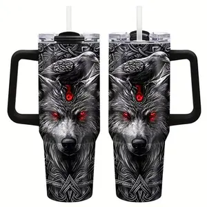 Viking Wolf Crow Tumbler Father's Day Gift, 40oz Travel Mug with Handle, Norse Mythology Odin Raven Axe Coffee Cup, Insulated Stainless Steel Tumbler for Dad Husband Men, Cool Badass Viking Cup Father's Day Present