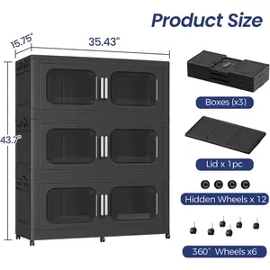 150GAL Extra Large Storage Bins with Lid, 600QT Stackable Storage Bins with Wheels, Collapsible Closet Organizer and Storage, Folding Plastic Storage Cabinet for Home Office Dorm,3Pack Black