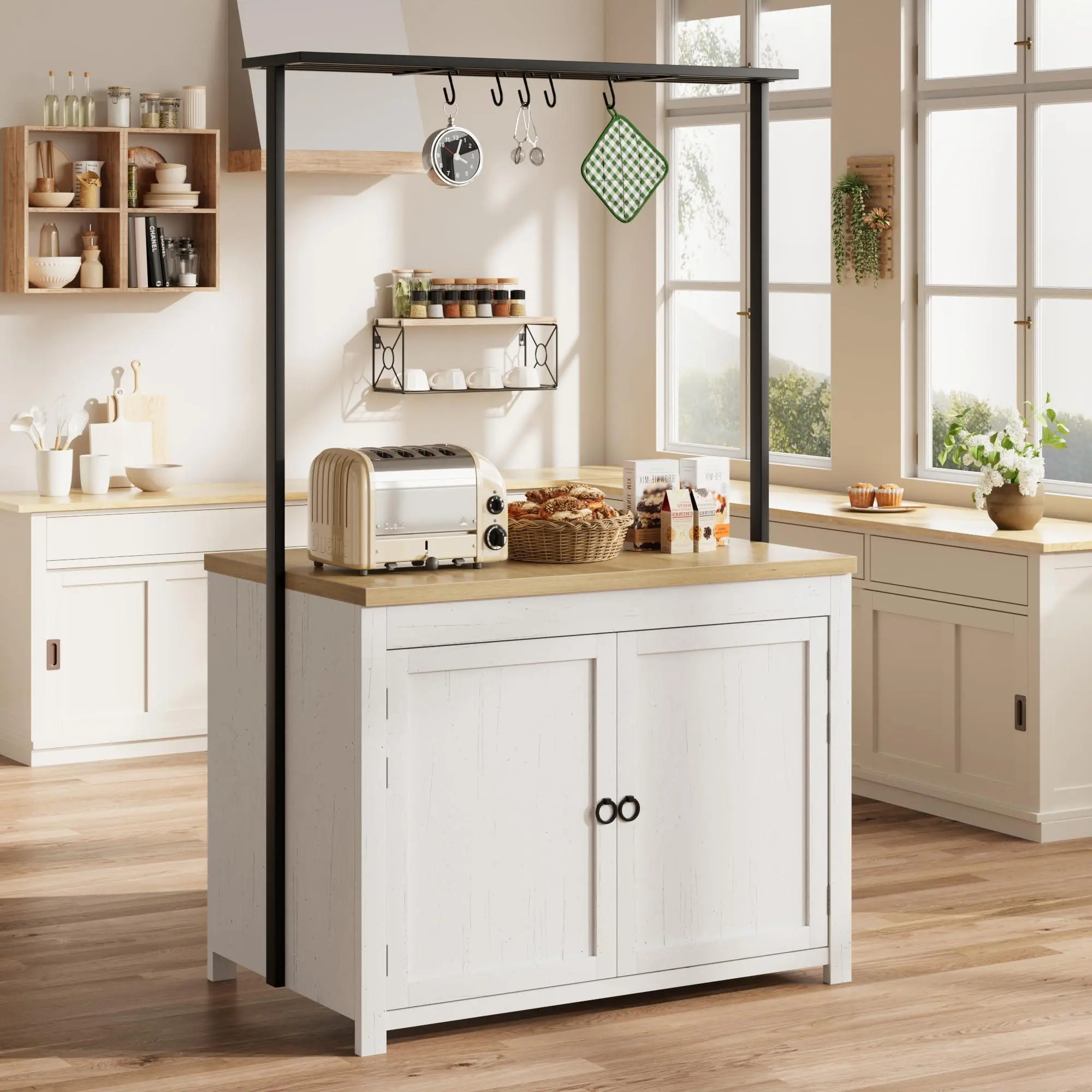 GAOMON 42" Heavy-Duty Real Wood Kitchen Island - 30mm Countertop Multi-Use Rolling Storage Cart, Microwave Stand with 3-Tier Shelves, 5 Hooks & 400lb Capacity for Small Spaces (White & Natural), Tool-Free