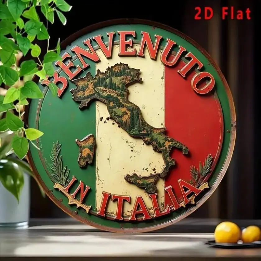 1PC 2D Plane Retro Italian Flag Metal Sign - "Welcome to Italy" with Detailed Map 8 Inch Round Aluminum Wall Decoration - Waterproof, Dustproof Rustic Design for Home, Garden, Bar, Coffee Shop, Office Outdoor Decor