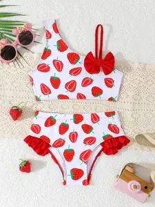 Strawberry Print Bow Bikini Set for Little Girls, Perfect for Beach Vacations and Summer Wear, Cute Swimwear