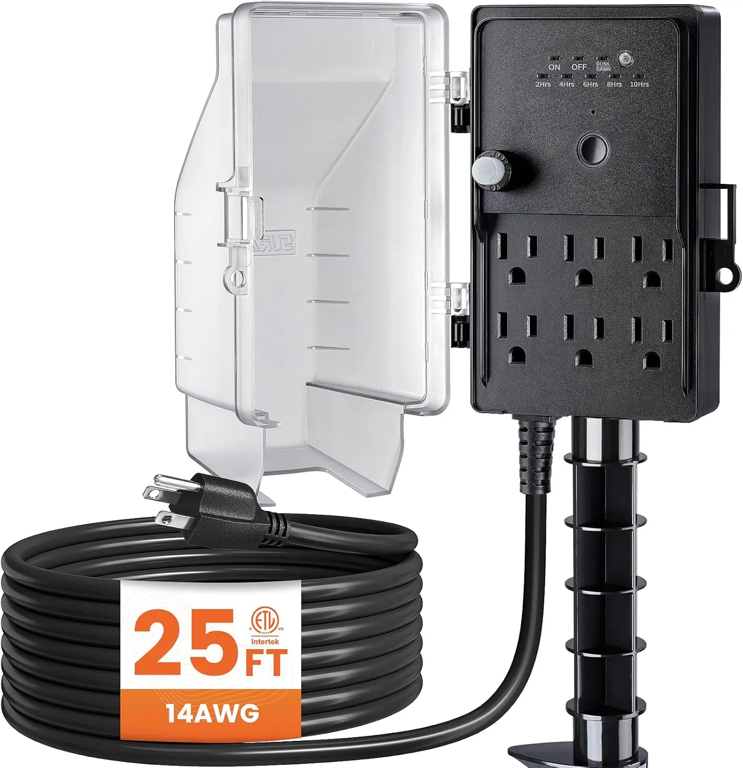 SURAIELEC Outdoor Power Stake, Dusk to Dawn Light Timer, 25FT Extension Cord Multiple Outlet, 6 Electrical Outlets Power Strip Weatherproof for Patio Light, Garden, Christmas Decoration, Outdoor Light