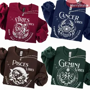 Unisex 12 Zodiac Fitted Hoodie Tops, Cute Cotton Long-Sleeve Cozy Astrology Sign Pullover with Mascot Design, Halloween Gift for Zodiac Lovers BPG
