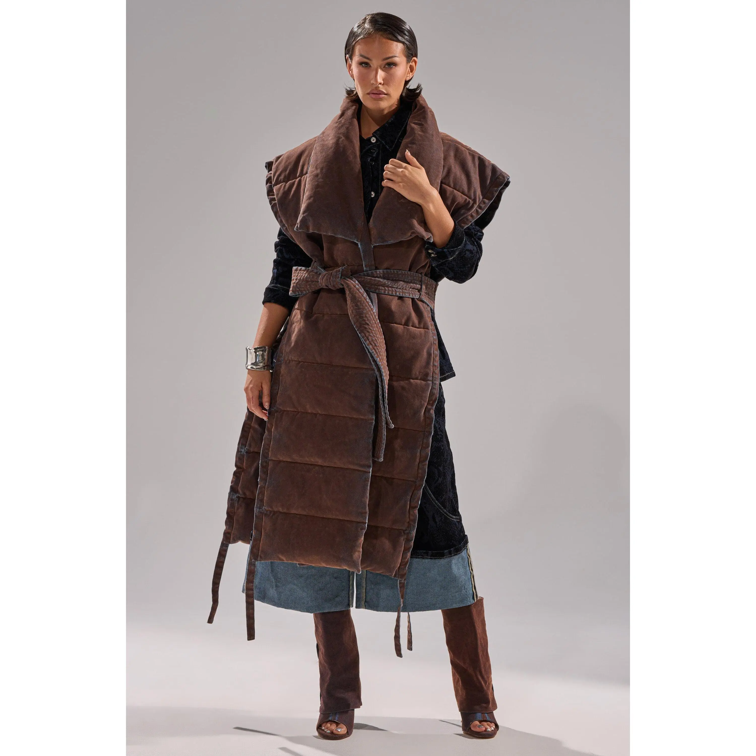 PILOT JONES LONGLINE PUFFER VEST IN VELVET DENIM PILOT JONES LONGLINE PUFFER VEST IN VELVET DENIM