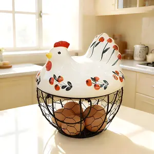 Ceramic Egg Basket with Metal Wire and Lid, Rustic Farmhouse Chicken Egg Holder, Decorative Food Storage Organizer for Kitchen Counter