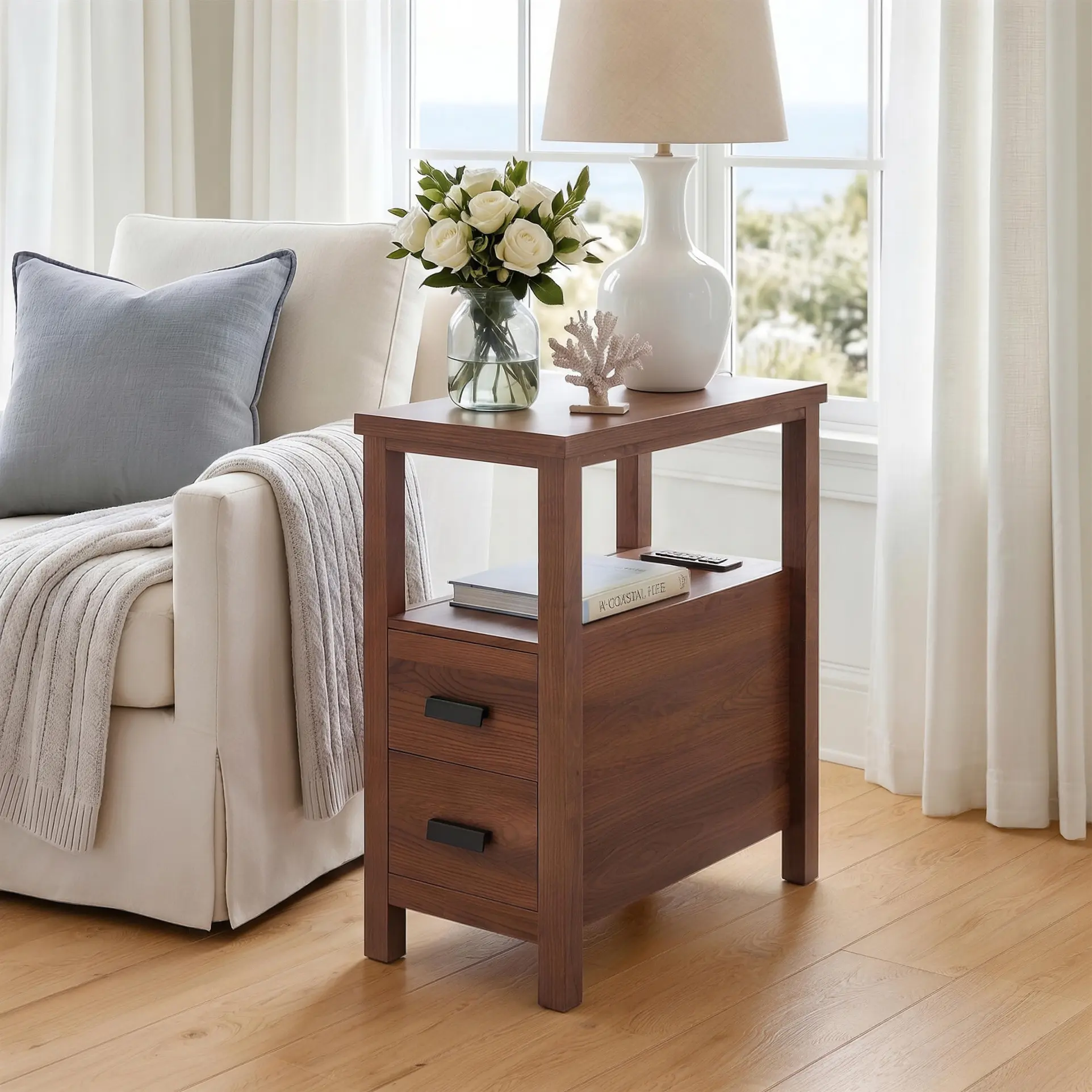 【LAST CALL】 Modern End Table with 2 Drawers & Built-in Charging Station, Side Table with USB Ports & Outlets, Small Rustic Wood Stylish  Bedside Table, Nightstand for Bedroom, Living Room, Apartment