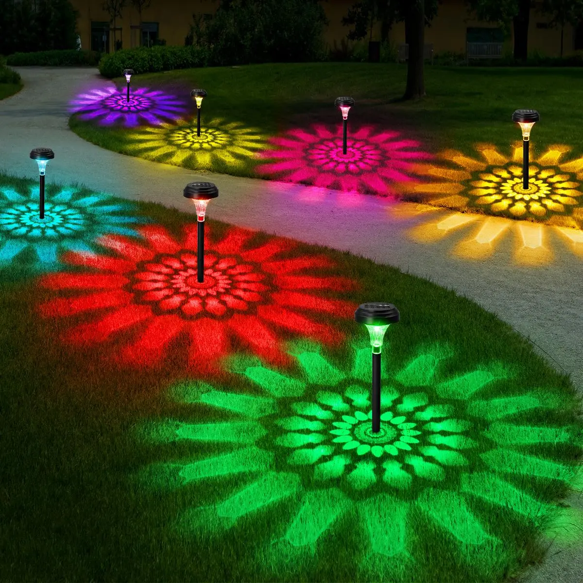 Nupostai Bright Solar Pathway Lights, Color Changing & Warm White, IP67 Waterproof, Auto Work, Sunflower Pattern, Outdoor Garden Lights for Walkway, Yard, Backyard, Patio, Landscape Decor, Halloween, Christmas summergarden