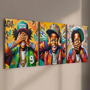 3-Piece Wood Frame Canvas Set, Graffiti Style Artistic Boy Art Poster, Vibrant Print, Modern Home Decor, Waterproof, High Definition, Perfect Gift