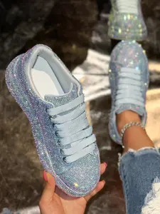 Dreamy Ice Blue Glitter Design Rhinestone Thick Sole Sneakers, Shiny Fashion Casual Daily Women's Shoes, Textile Upper, Less Than Ankle Height